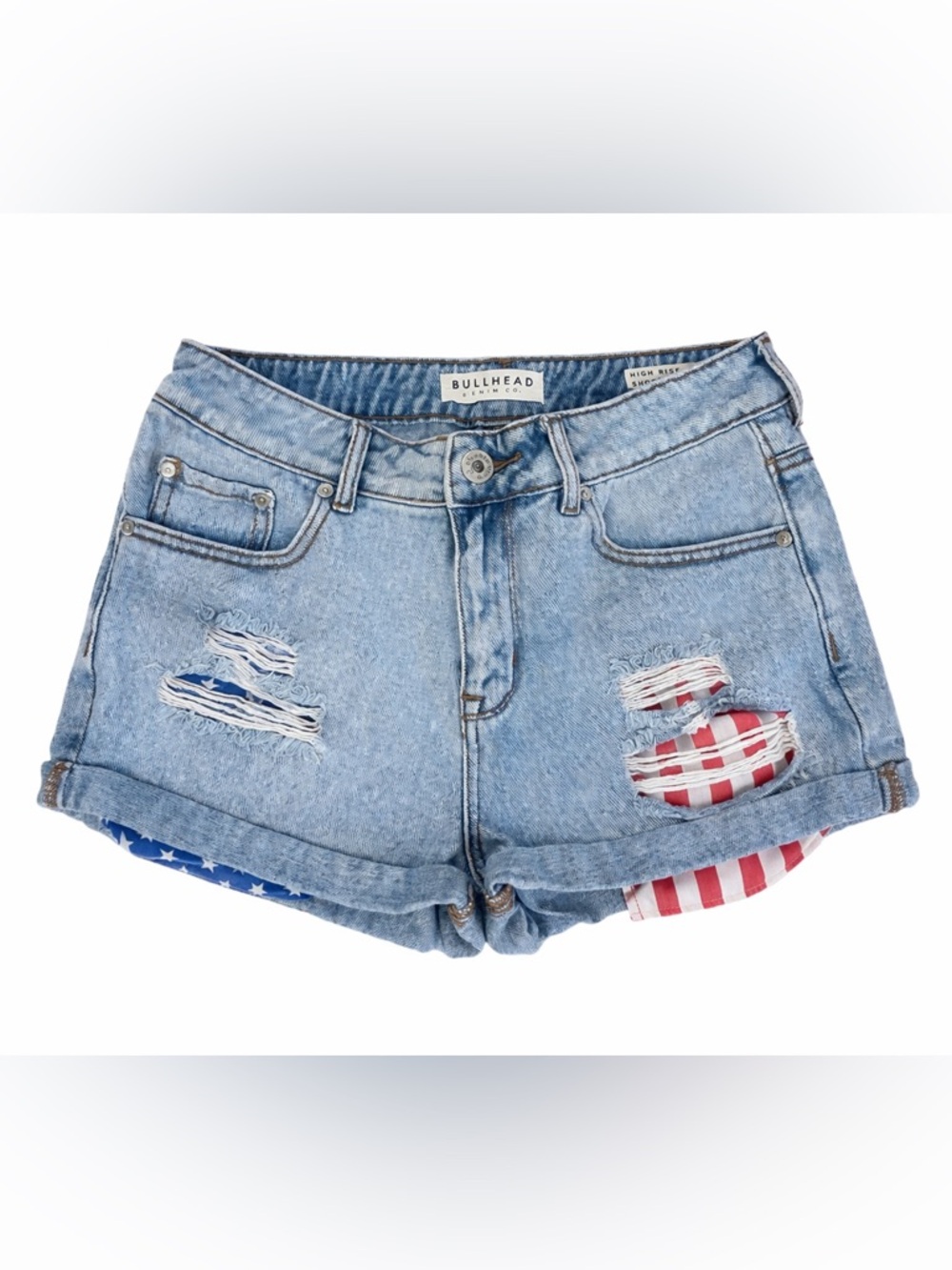 Bullhead High Rise Distressed Denim Shorts Juniors Sz 7 USA Flag Festival Summer